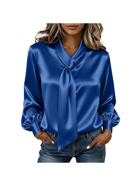 Satin Blouses for Women Dressy Plus Size Tie Neck Long Sleeve Shirts Dressy Tunic Shirt Fall Fashion Clothes