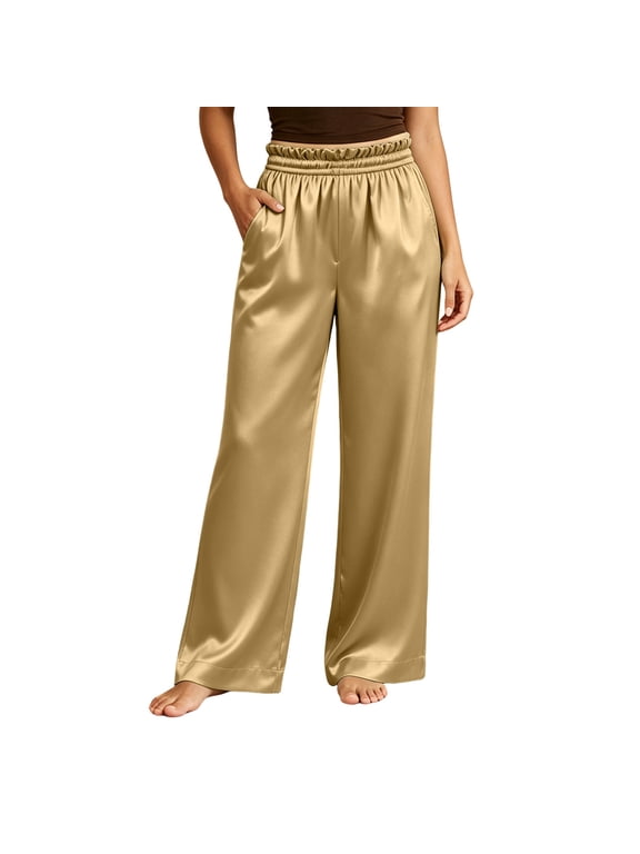 Satin Pants for Women Plus Size High Waist Long Pant Ruffle Wide Leg Trousers with Pockets Loungwear Clothes