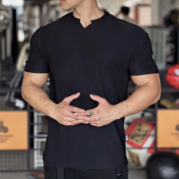 SOOMLON Shirts for Men Athletic Quick Dry V Neck T Shirts Summer Workout Short Sleeve Shirts 2025 Trendy Black Running Tees Solid Classic Comfy Rib Tops Blouses Value XL