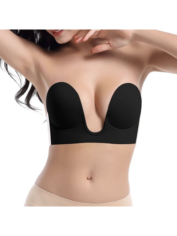 Sticky Bras for Women Strapless Sticky Adhesive Deep U Shaped Silicone Bra Invisible Backless Reusable Gym Bras Girls Bra Black D