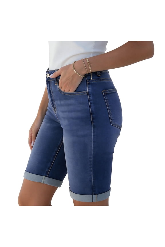 Stretchy Jean Shorts for Women Plus Size Button Denim Shorts Distressed Jorts with Pockets Casual Clothes