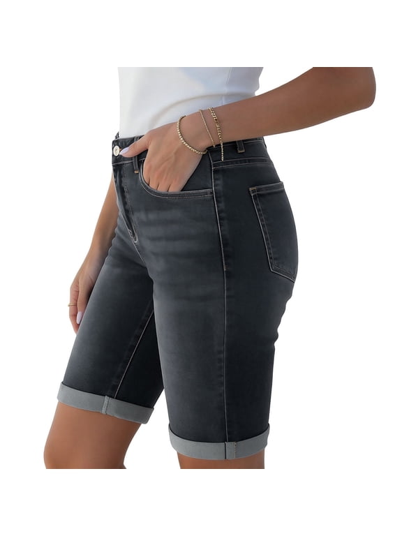 Stretchy Jean Shorts for Women Plus Size Button Denim Shorts Distressed Jorts with Pockets Casual Clothes