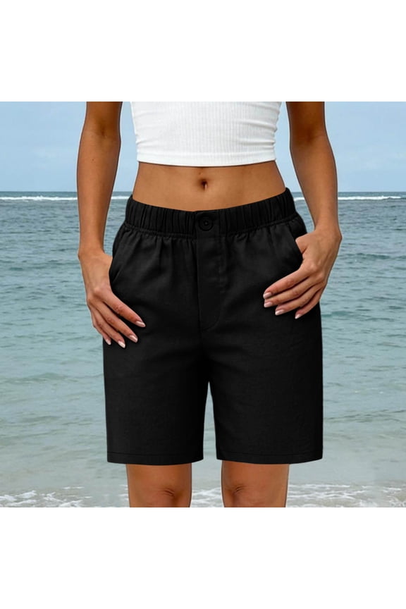 Stretchy Shorts for Women Plus Size Button Elastic Waist Long Shorts Chino Shorts with Pockets Casual Bottoms