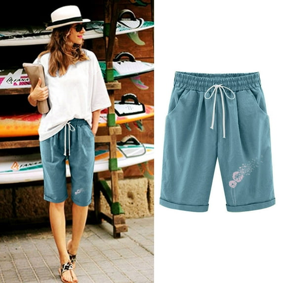 SOOMLON Summer 2023 New Women Casual Drawstring Bermuda Shorts Vacation Trendy Solid Color Cotton Shorts with Pockets Y2k Shorts Summer Print Shorts Cotton Linen Pants Green XL