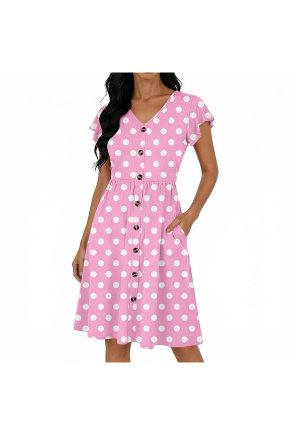 Summer Dresses for Women Plus Size Flutter Sleeve V Neck Sundress A Line Polka Dot Mini Dress Weekend Wear