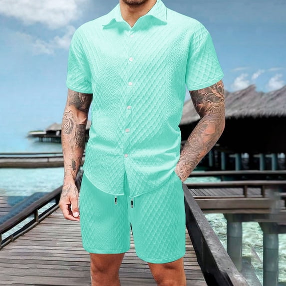 SOOMLON Summer Outfits for Men Big and Tall Button Down Waffle Shirts Short Sleeve Outfits Vacation 2 Piece Sets