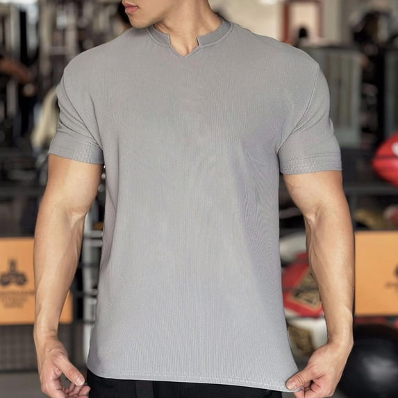SOOMLON T Shirts for Men Athletic Quick Dry V Neck T Shirts Summer Gym Short Sleeve Shirts 2025 Fashion Gray Running Tees Solid Basic Comfort Rib Tops Blouses Value M