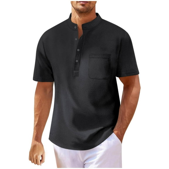 SOOMLON T Shirts for Men Casual Button Stand Collar Waffle T Shirts Summer Dress Short Sleeve Shirts 2025 Fashion Black Work Tees With Pocket Plain Classic Soft Vacation Tops Blouses Value XL