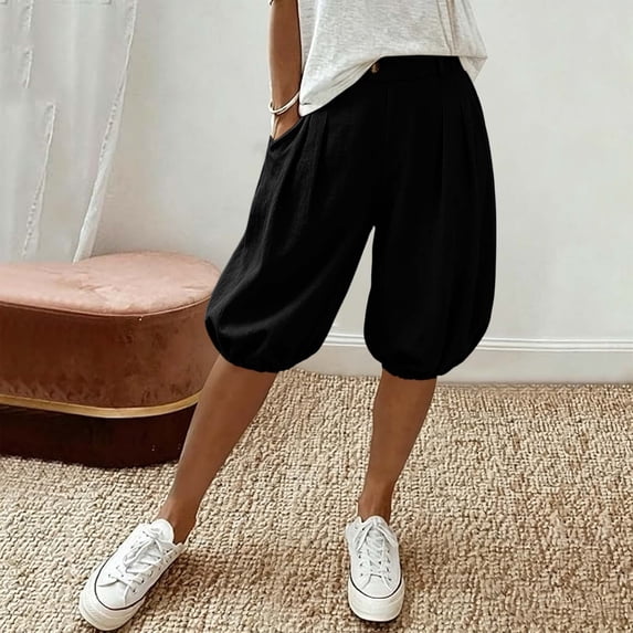 SOOMLON Tapered Capris Pants for Women Plus Size Balloon Pants Ruched Button Barrels Travel Casual Bottoms with Pockets
