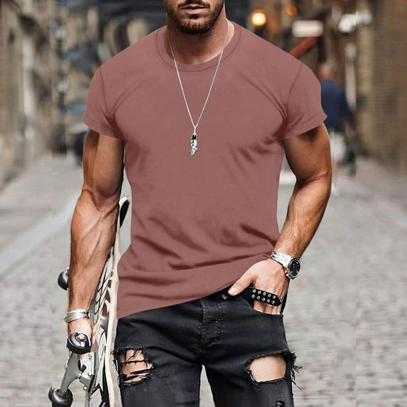 SOOMLON Tops for Men Athletic Casual Crew Neck Cotton T Shirts Summer Gym Short Sleeve Shirts 2025 Trendy Pink Work Tees Solid Basic Soft Running Tops Blouses Value XL