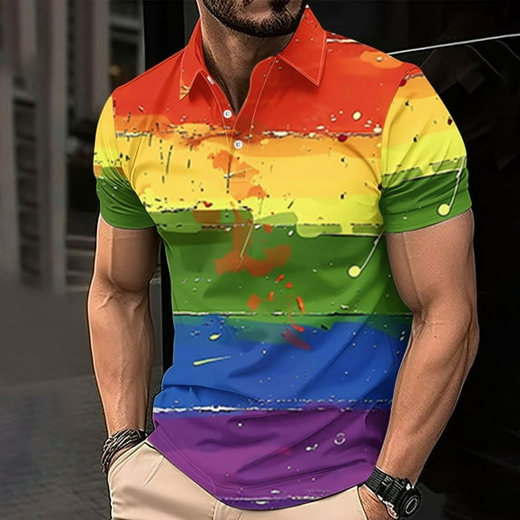 SOOMLON Tops for Men Casual Stylish Button Collar Gradient Shirts Funny Graphic Short Sleeve Summer Shirts 2025 Fashion Multicolor Work Tees Classic Comfort Loose Tops Blouses Value L