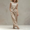 thumbnail image 1 of SOOMLON Travel Outfits for Women 2 Piece Sets Crew Neck Sleeveless Tie Tees Pleats Pants with Pockets 2 Piece Sets, 1 of 6