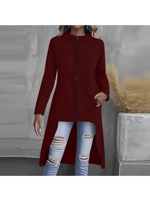 Trench Coats for Women with Hood Plus Size Zip up Sweatshirt Long Sleeve High Low Coat with Pockets Fall Jackets
