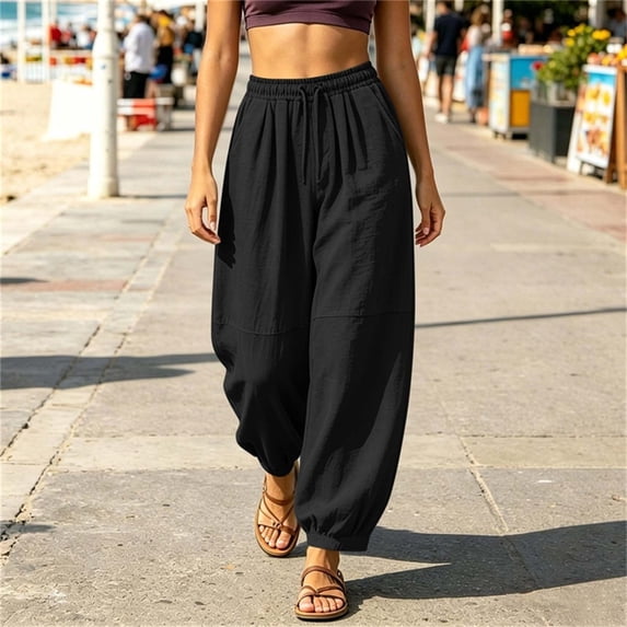 SOOMLON Trouser Pants for Women with Drawstring Plus Size Solid Balloon Pants Cropped Pants with Pockets Casual Outfits