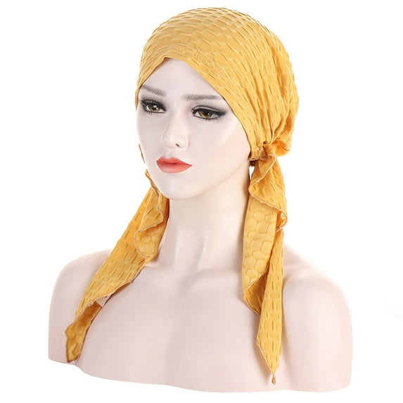 SOOMLON Turban Head Wraps for Women Solid Ruffle Hat Headwear Head Wraps Turbans Beanie Cap Headwraps Beach Hat Ramadan Yellow One Size