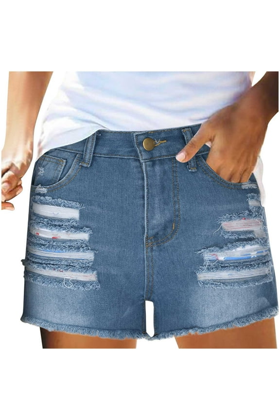 USA 4th of July Women's Denim High Waisted Shorts Jeans American Flag Pants Beach Clubwear Button Zipper Denim Shorts Mid Waist Pocket Jean Shorts Blue XL