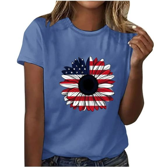 SOOMLON Usa Flag Short Sleeve Tops for Women Sunflower Red White and Blue Shirts Crew Neck Fourth of July Tops Short Sleeve Juniors T-Shirt Loose Fitting Tee Blouse Apparel