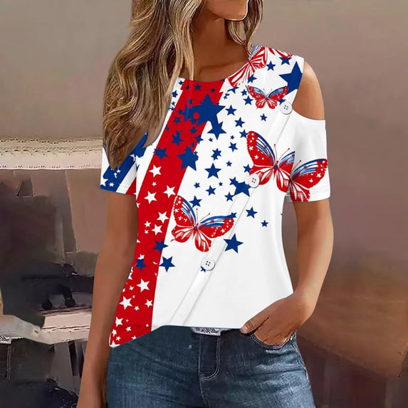 SOOMLON Usa Flag Womens Athletic Tops Cold Shoulder Distressed Red White and Blue Shirts Crew Neck Fourth of July Tops Short Sleeve Loose Fitting T-Shirt Y2k Tee Blouse Clothes