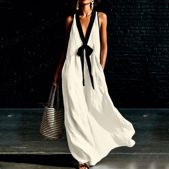 SOOMLON Vacation Dresses for Women Plus Size Sleeveless Maxi Dresses Loose Bow Tie Dress Boho Beach Wear with Pockets