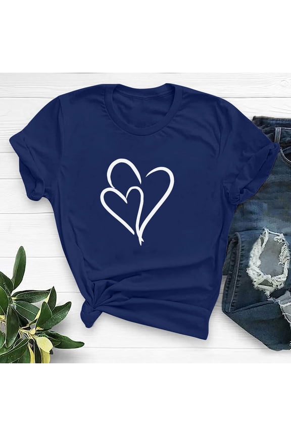 Valentine's Day Outfits Women Couple Valentines Gift Comfy Short Sleeve Scoop Neck Tops Funny Heart Graphic Tshirts Fashion Valentines Clothes 2025 Blue 2XL
