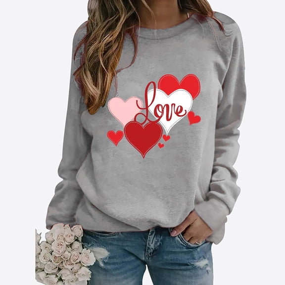 SOOMLON Valentine's Day Outfits Women Lover Valentines Gift Loose Long Sleeve Crew Neck Shirts Cute Heart Print Tshirts Trendy Holiday Clothes 2025 Gray M