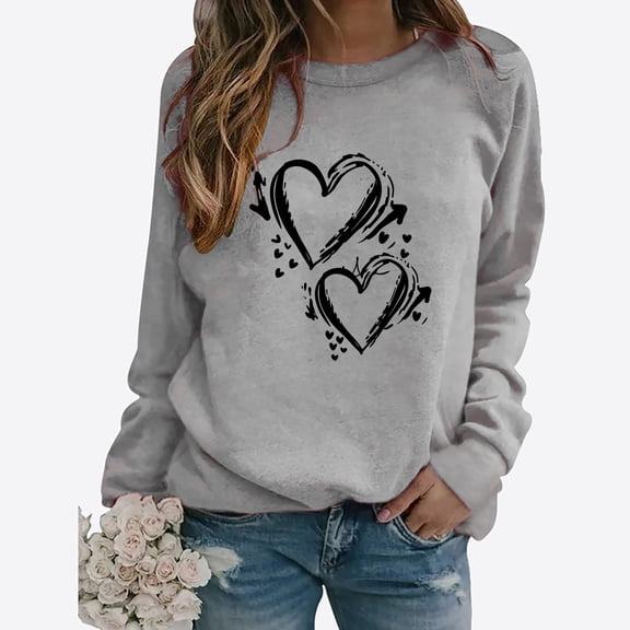 SOOMLON Valentine's Day Outfits Women Lover Valentines Gift Loose Long Sleeve Scoop Neck Shirts Cute Heart Graphic Tops Trendy Holiday Clothes 2025 Gray XL