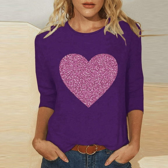 SOOMLON Valentine's Day Outfits Women Lover Valentines Gift Tunic 3/4 Sleeve Crew Neck Shirts Funny Heart Graphic Tshirts Fashion Holiday Clothes 2025 Purple L