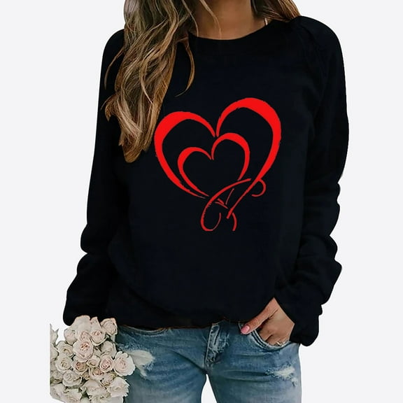 SOOMLON Valentine's Day Shirts for Women Girl Friend Valentines Gift Casual Long Sleeve Crew Neck Tops Cute Heart Print Blouses Trendy Festival Outfits 2025 Black L