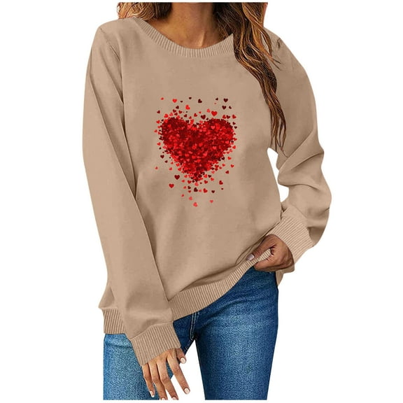 SOOMLON Valentine's Day Sweatshirts for Women Girl Friend Valentines Gift Casual Long Sleeve Scoop Neck Hoodies Tops Cute Love Heart Print Pullovers Shirts Trendy Festival Clothes 2025 Khaki XL