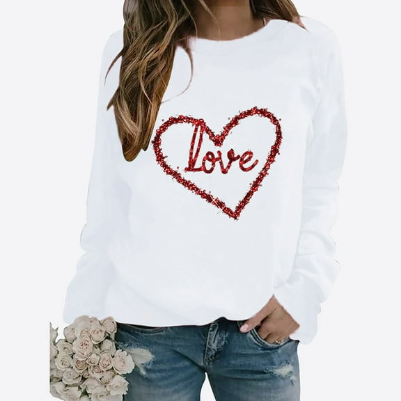 SOOMLON Valentine's Day Tops for Women Lover Valentines Gift Comfy Long Sleeve Round Neck Tops Funny Heart Graphic Tee Shirts Fashion Holiday Clothes 2025 White S