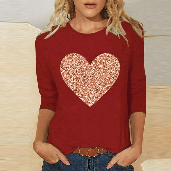 SOOMLON Valentine's Day Tops for Women Lover Valentines Gift Loose 3/4 Sleeve Scoop Neck Tops Cute Heart Graphic Tees Trendy Holiday Clothes 2025 Red XL