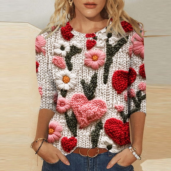 SOOMLON Valentine's Day Tshirt Women Girl Friend Valentines Gift Tunic 3/4 Sleeve Crew Neck Tops Funny Heart Print Tops Fashion Festival Outfits 2025 Multicolor M