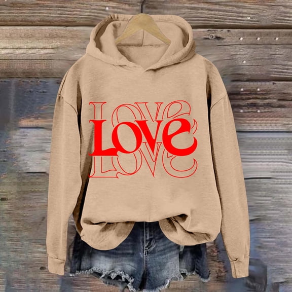 SOOMLON Valentines Day Hoodies Women Couple Valentines Gift Loose Long Sleeve Round Neck Sweatshirts Tops Cute Heart Print Pullovers Shirts Trendy Valentines Outfits 2025 Khaki L
