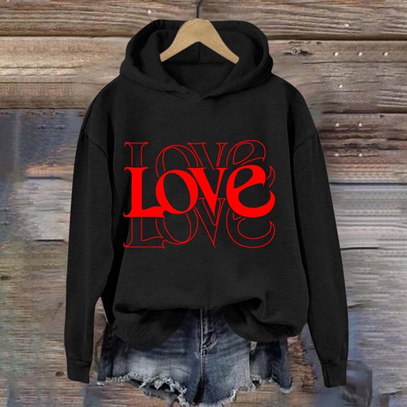 SOOMLON Valentines Day Hoodies Women Girl Friend Valentines Gift Casual Long Sleeve Crewneck Sweatshirts Tops Cute Heart Print Pullovers Shirts Trendy Festival Clothes 2025 Black S