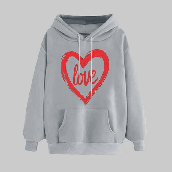 SOOMLON Valentines Day Hoodies Women Girl Friend Valentines Gift Plus Size Loose Long Sleeve Crew Neck Sweatshirts Tops Cute Heart Graphic Pullovers Shirts Trendy Festival Clothes 2025 Gray L