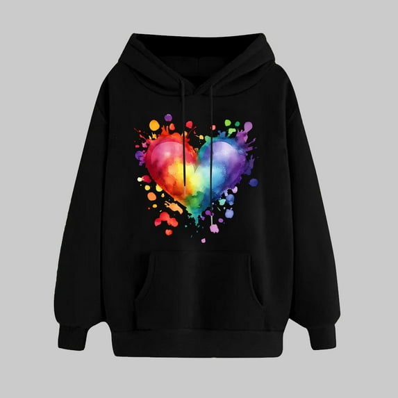 SOOMLON Valentines Day Hoodies for Women Girl Friend Valentines Gift Plus Size Tunic Long Sleeve Crew Neck Sweatshirts Tops Funny Heart Print Pullovers Shirts Fashion Festival Outfits 2025 Black S