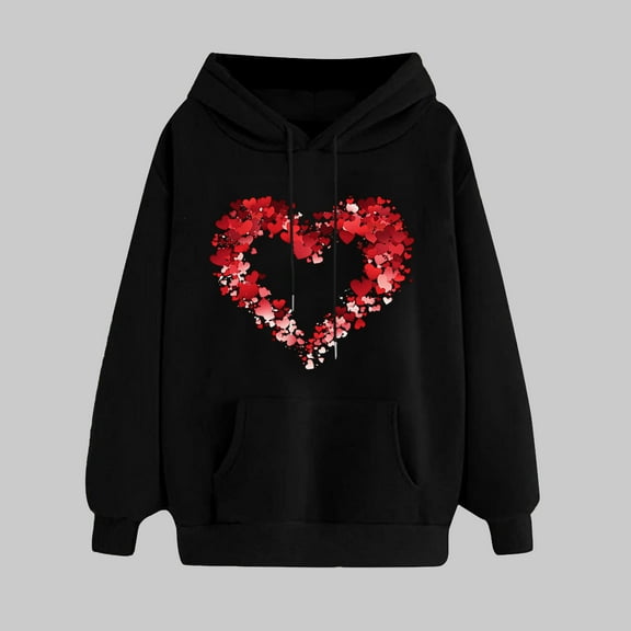 SOOMLON Valentines Day Hoodies Women Girl Friend Valentines Gift Plus Size Loose Long Sleeve Scoop Neck Sweatshirts Tops Cute Heart Graphic Pullovers Shirts Trendy Festival Clothes 2025 Black M