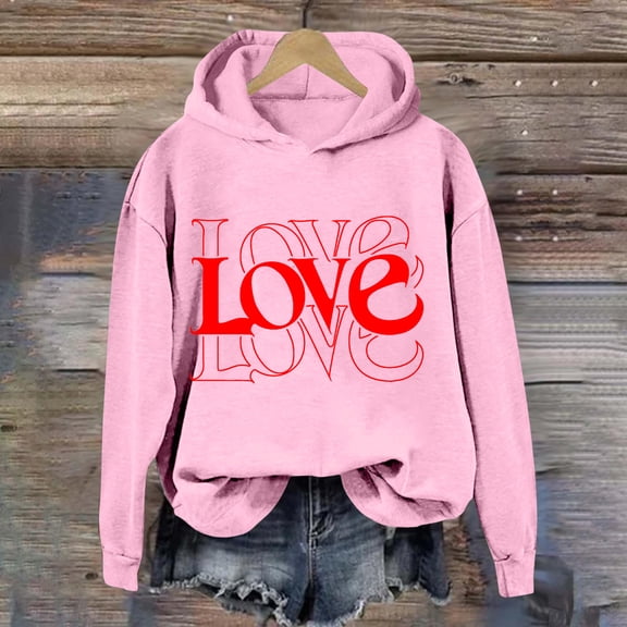 SOOMLON Valentines Day Hoodies Women Lover Valentines Gift Casual Long Sleeve Round Neck Sweatshirts Tops Cute Love Heart Print Pullovers Shirts Trendy Holiday Outfits 2025 Pink L