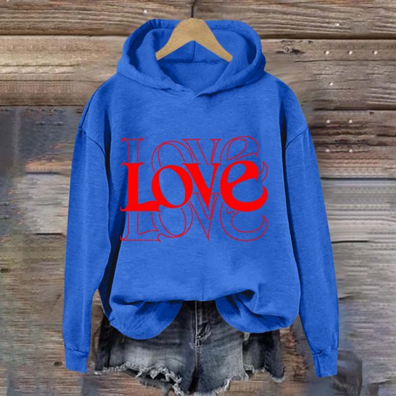 SOOMLON Valentines Day Hoodies Women Lover Valentines Gift Loose Long Sleeve Round Neck Sweatshirts Tops Cute Love Heart Graphic Pullovers Shirts Trendy Holiday Outfits 2025 Blue L