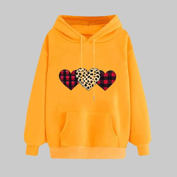 SOOMLON Valentines Day Hoodies Women Lover Valentines Gift Plus Size Loose Long Sleeve Crew Neck Sweatshirts Tops Cute Heart Print Pullovers Shirts Trendy Holiday Clothes 2025 Yellow L