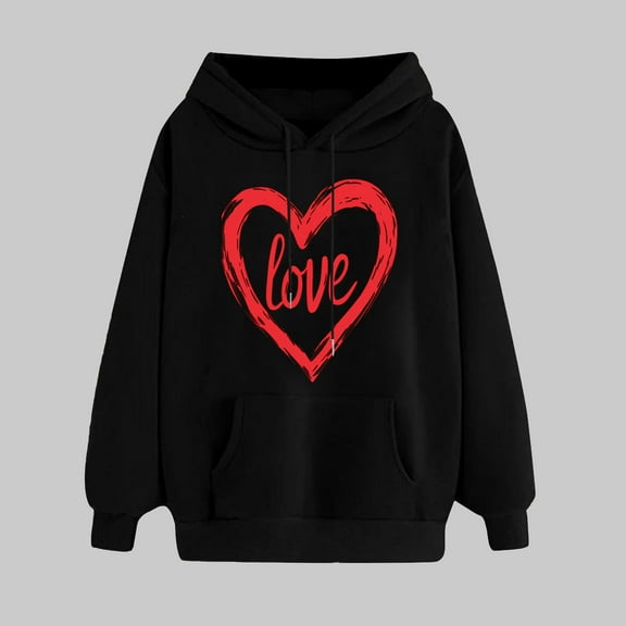 SOOMLON Valentines Day Hoodies Women Lover Valentines Gift Plus Size Casual Long Sleeve Crew Neck Sweatshirts Tops Cute Heart Print Pullovers Shirts Trendy Holiday Clothes 2025 Black L