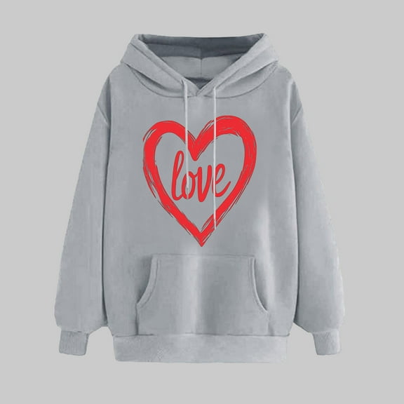 SOOMLON Valentines Day Hoodies Women Lover Valentines Gift Plus Size Casual Long Sleeve Scoop Neck Sweatshirts Tops Cute Love Heart Print Pullovers Shirts Trendy Holiday Clothes 2025 Gray M