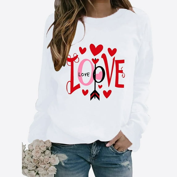 SOOMLON Valentines Day Shirts Women Couple Valentines Gift Comfy Long Sleeve Scoop Neck T Shirts Funny Love Heart Graphic Tops Fashion Valentines Clothes 2025 White XL