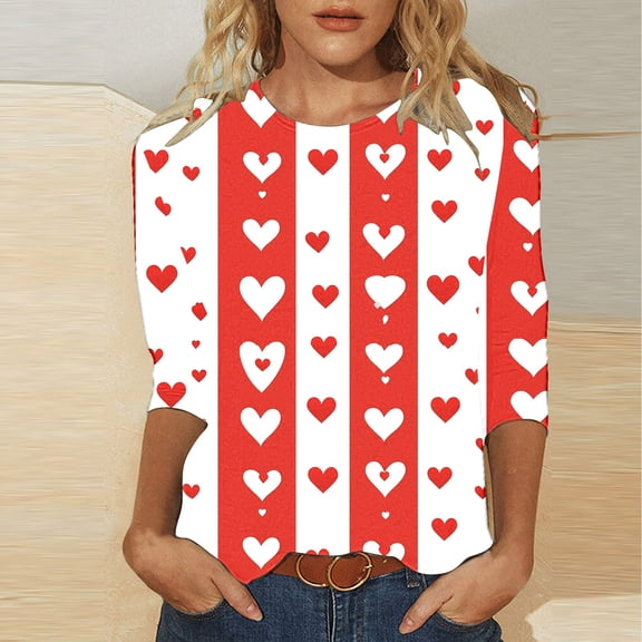 SOOMLON Valentines Day Shirts Women Girl Friend Valentines Gift Comfy 3/4 Sleeve Scoop Neck T Shirts Funny Heart Graphic Blouses Fashion Festival Outfits 2025 Multicolor 2XL