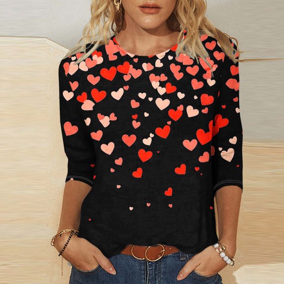 SOOMLON Valentines Day Shirts Women Girl Friend Valentines Gift Comfy 3/4 Sleeve Scoop Neck T Shirts Funny Love Heart Graphic Tees Fashion Festival Clothes 2025 Multicolor XL