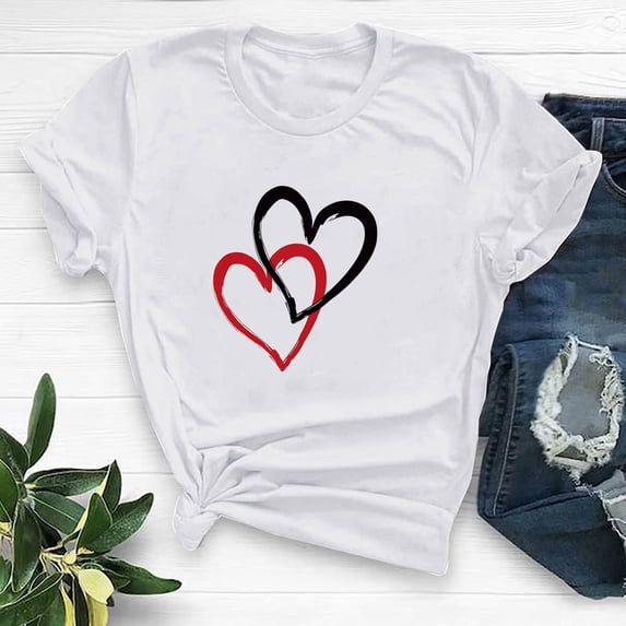 SOOMLON Valentines Day Shirts Women Girl Friend Valentines Gift Casual Short Sleeve Crew Neck T Shirts Cute Heart Print Blouses Trendy Festival Outfits 2025 White L