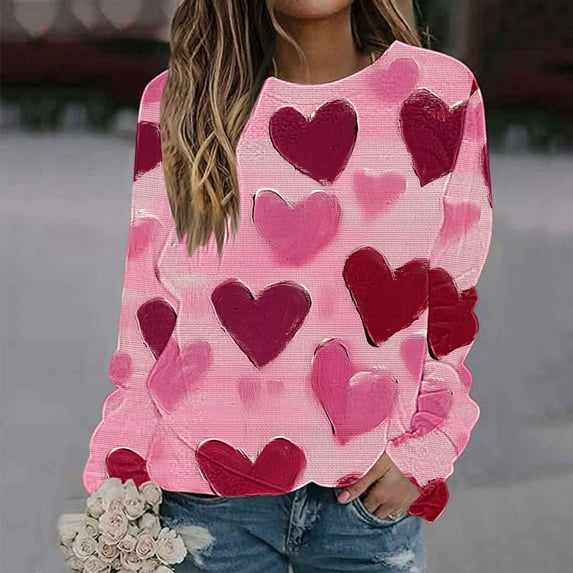 SOOMLON Valentines Day Shirts Womens Couple Valentines Gift Tunic Long Sleeve Crew Neck Shirts Funny Love Heart Print Tshirts Fashion Valentines Clothes 2025 Multicolor XL