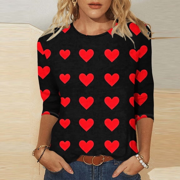 SOOMLON Valentines Day Shirts Womens Girl Friend Valentines Gift Tunic 3/4 Sleeve Crewneck T Shirts Funny Heart Graphic Tee Shirts Fashion Festival Outfits 2025 Black XL