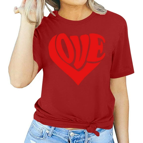 SOOMLON Valentines Day Shirts Womens Lover Valentines Gift Loose Short Sleeve Crew Neck Tops Cute Heart Print Tshirts Trendy Holiday Clothes 2025 Red XL