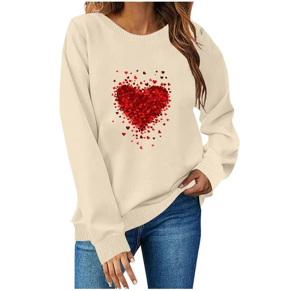SOOMLON Valentines Day Sweatshirts for Women Lover Valentines Gift Tunic Long Sleeve Scoop Neck Hoodies Tops Funny Heart Graphic Pullovers Shirts Fashion Holiday Clothes 2025 Beige XL